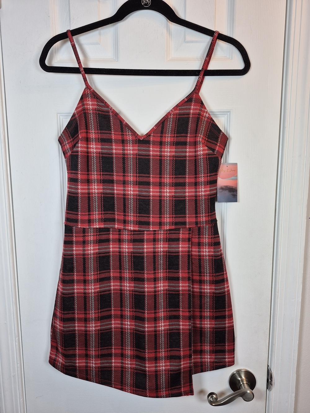 NWT Haley & June Red Plaid Faux Wrap Skort Cami Romoper Mini Dress